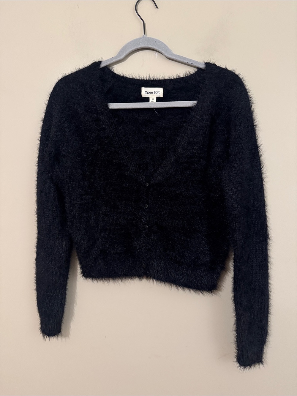 Open Edit Eyelash Knit Crop Cardigan, Black, size XS